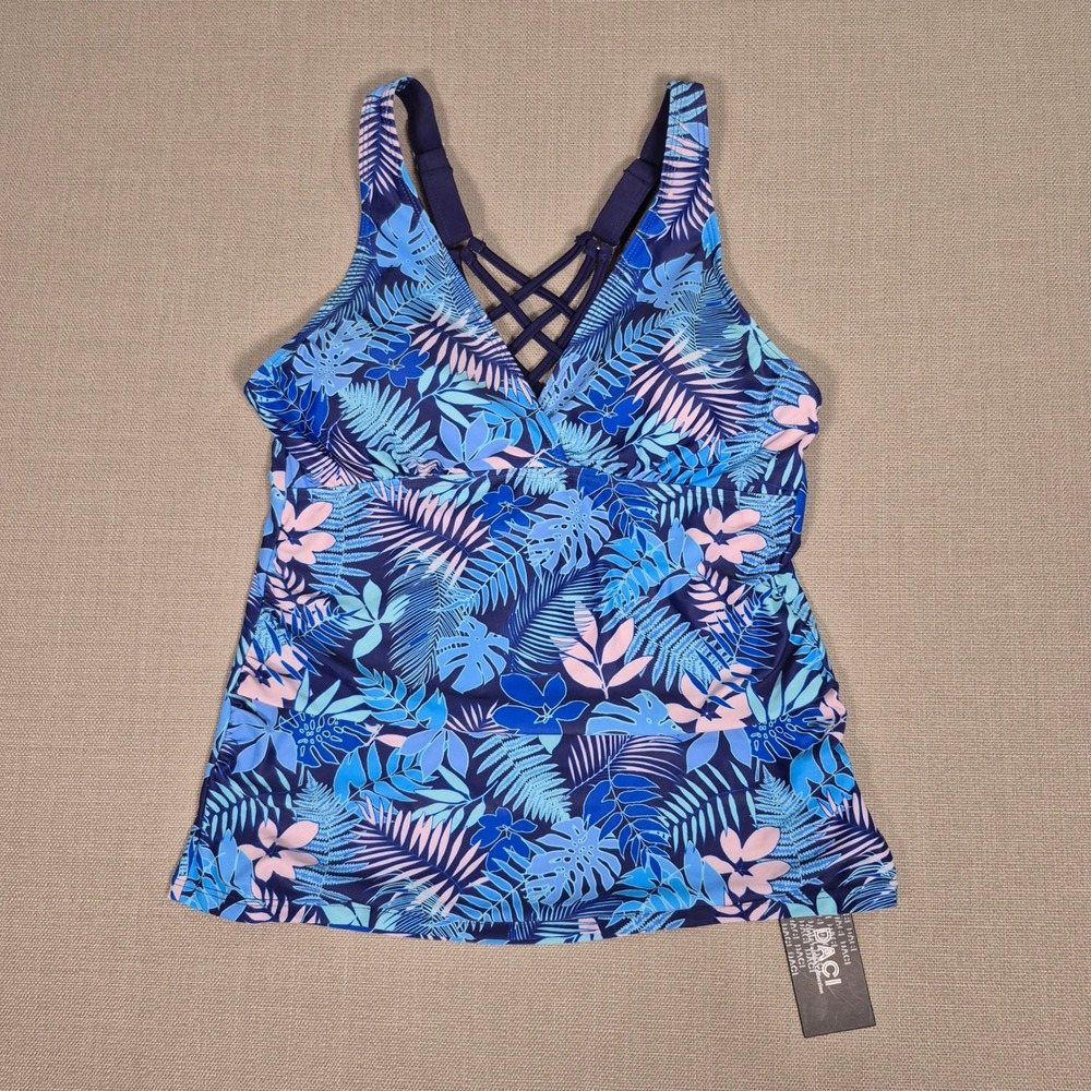 Daci Women Tankini Top Blue Tropical Floral Tummy Control V Neck Strappy Back M